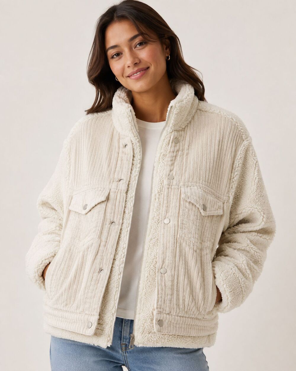 BLANKNYC Double Glazed Jacket Womens M Beige Sherpa Corduroy Teddy Shacket